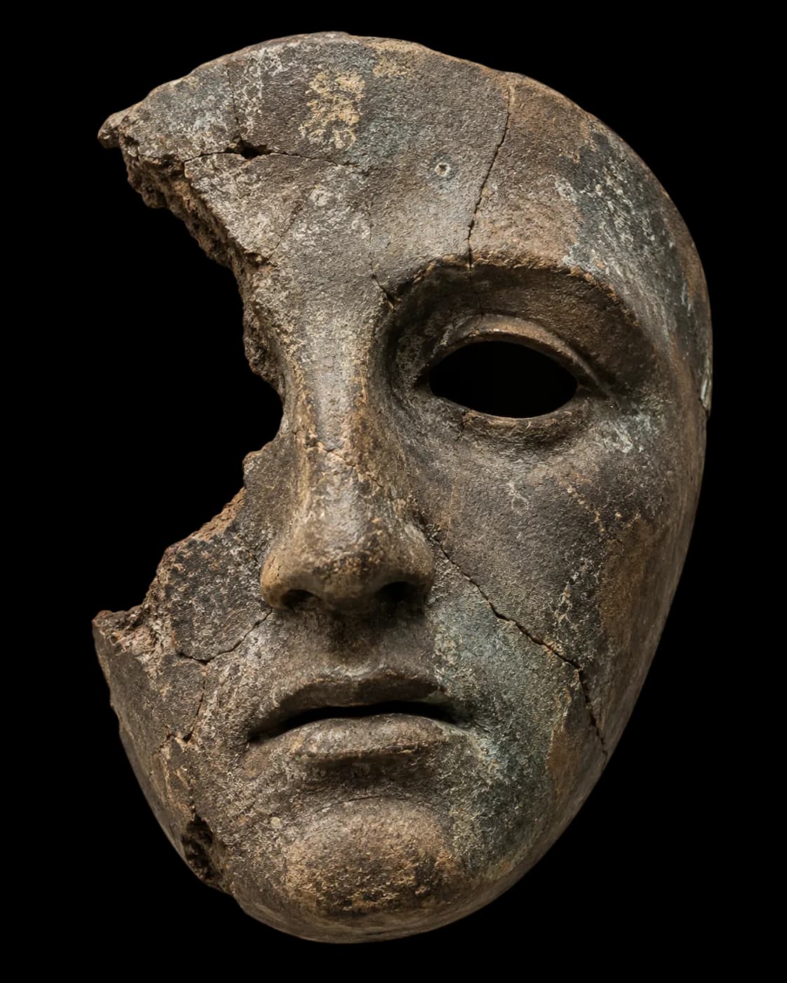 A fragmented antique mask representing many research lenses on one question